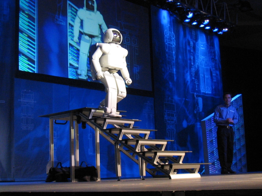Honda's ASIMO robot demonstrating stair-walking powers. 